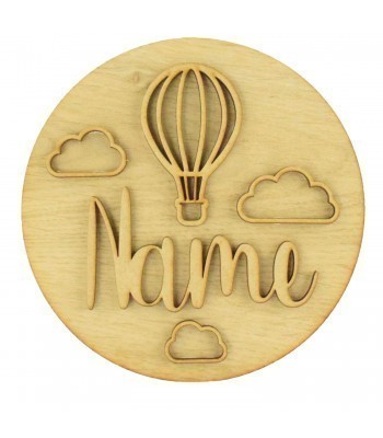 Laser Cut Oak Veneer Circle Plaque Personalised Name With Hot Air Balloon Shapes